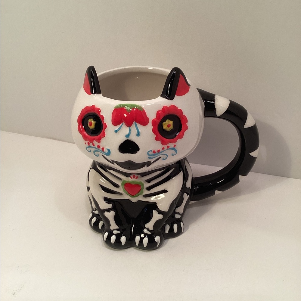 Day of the Dead Cat Skeleton Mug - Decorative Colorful Ceramic.  D04